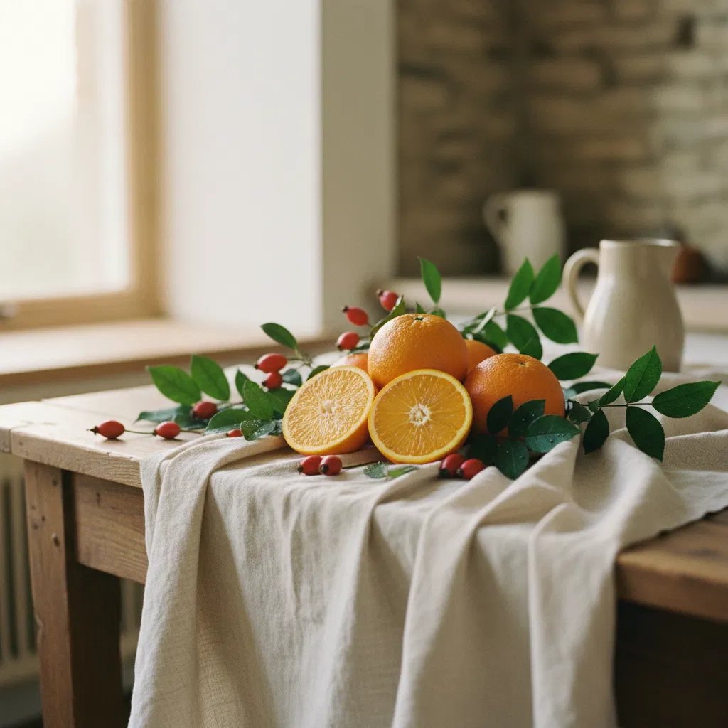 Verse citrusvruchten, rozenbottels en groene bladeren op een licht houten aanrecht