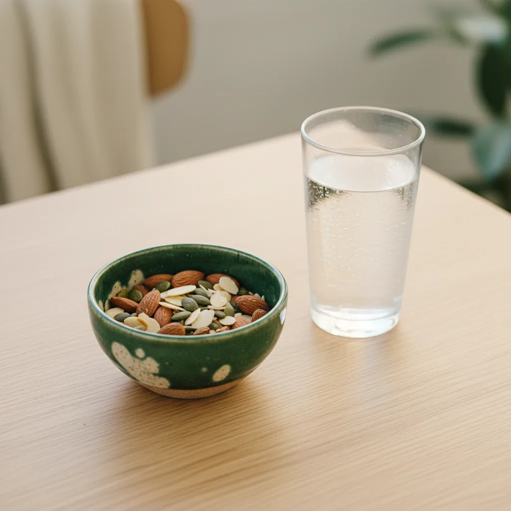 Amandelen en pompoenzaden in een keramische schaal naast een glas water op een houten tafel