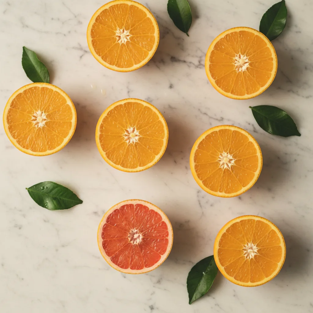 Verse citrusvruchten, sinaasappels en grapefruit op een lichte marmeren ondergrond