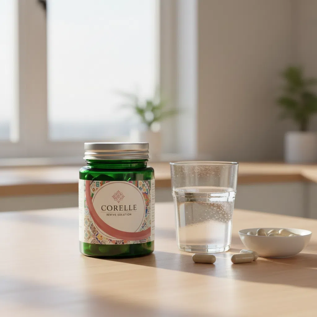 Corelle Revive Solution fles op een keukentafel naast een glas water en amandelen