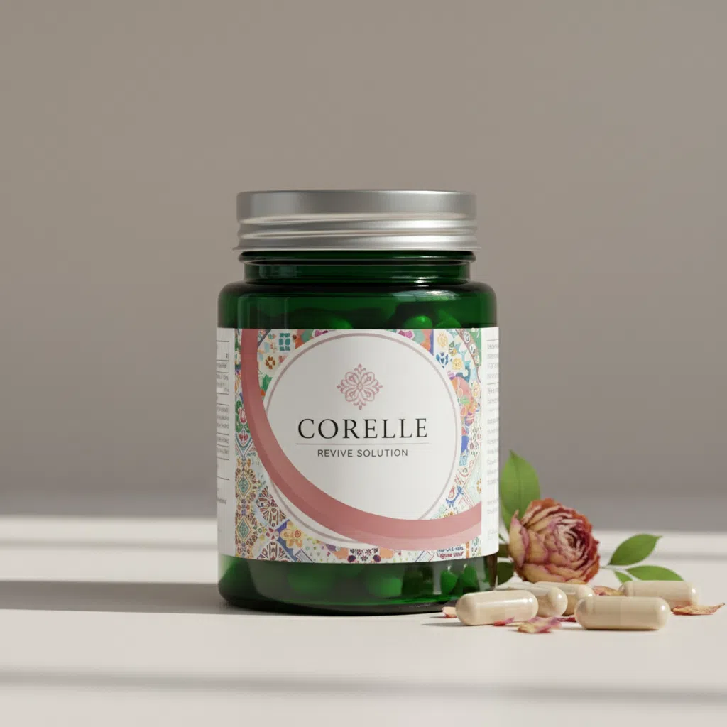 Corelle Revive Solution donkergroene glazen pot met zilveren deksel, omringd door capsules en plantaardige ingrediënten